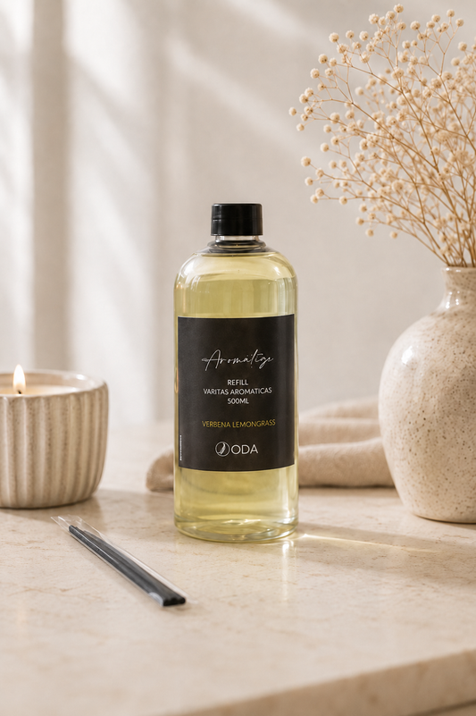 Refill Difusor Varitas Aromáticas Verbena Lemongrass 500ml +  pack varitas gruesas fibra (x6 cada uno)