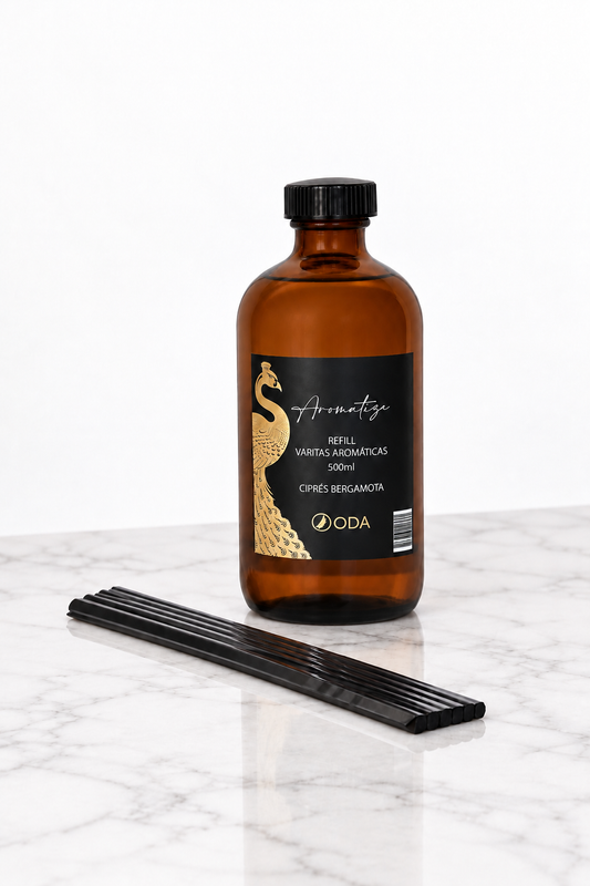 Refill Difusor Varitas Aromáticas Ciprés Bergamota 500ml +  pack varitas gruesas fibra (x6 cada uno)