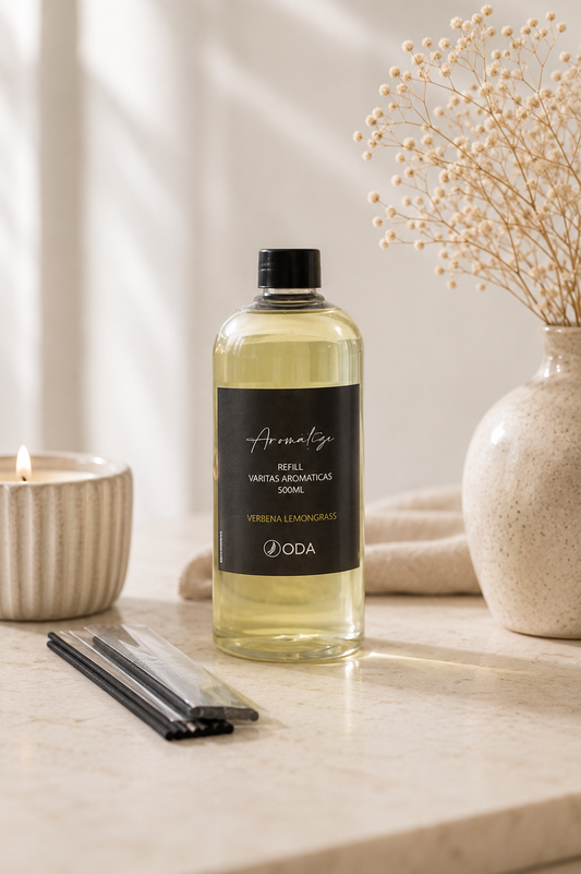 Refill Difusor Varitas Aromáticas Verbena Lemongrass 500ml + 2 pack varitas gruesas fibra (x6 cada uno)