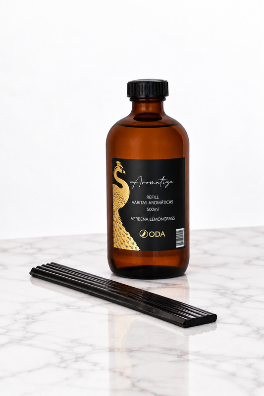Refill Difusor Varitas Aromáticas Verbena Lemongrass 500ml + pack varitas gruesas fibra (x6 cada uno)
